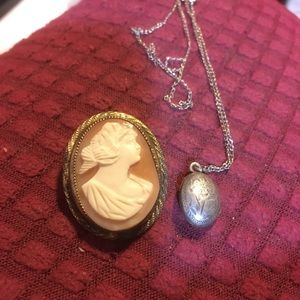 Vintage brooche and sterling silver locket and chain